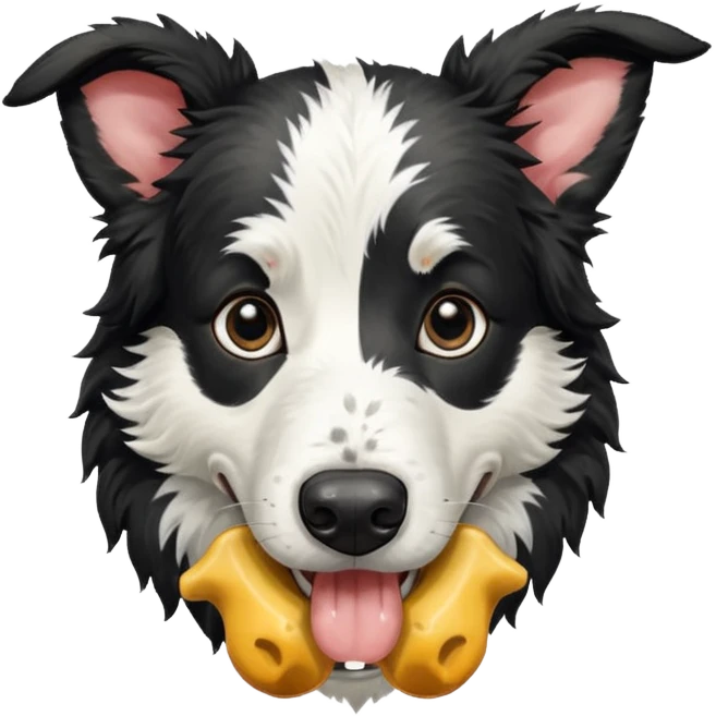 A black and white border collie is chewing on a cow's hoof. emoji