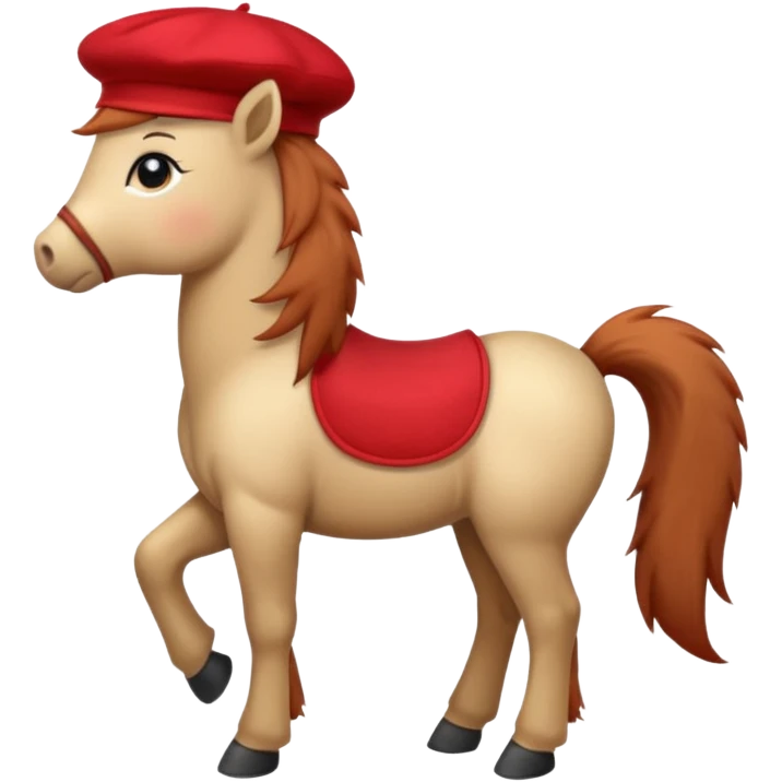 A cute pony (horse) emoji, full body, standing in side view, wearing a stylish red beret. emoji