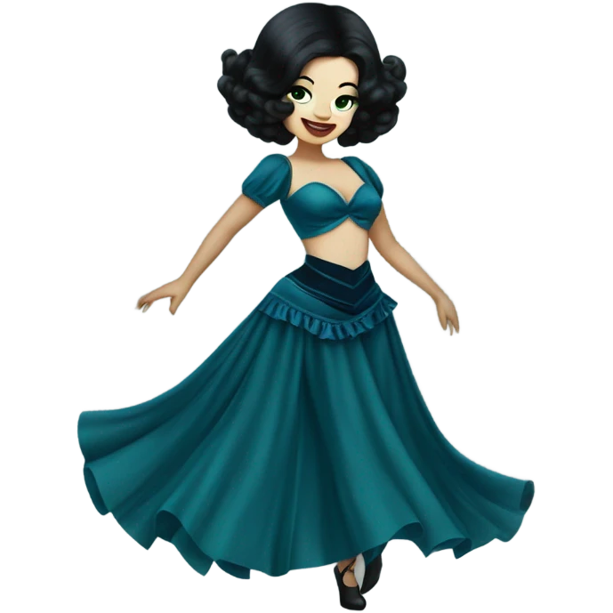 Burlesque dancer wearing blue with black hair, pale skin, and green eyes in a dark blue vintage costume dancing emoji