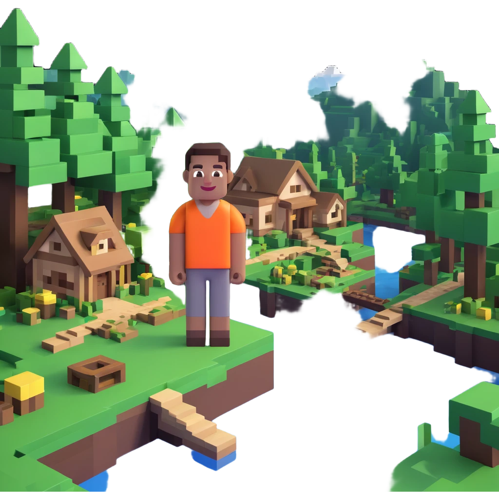 Minecraft-style villager smiling in a paradise landscape with trees and rivers emoji
