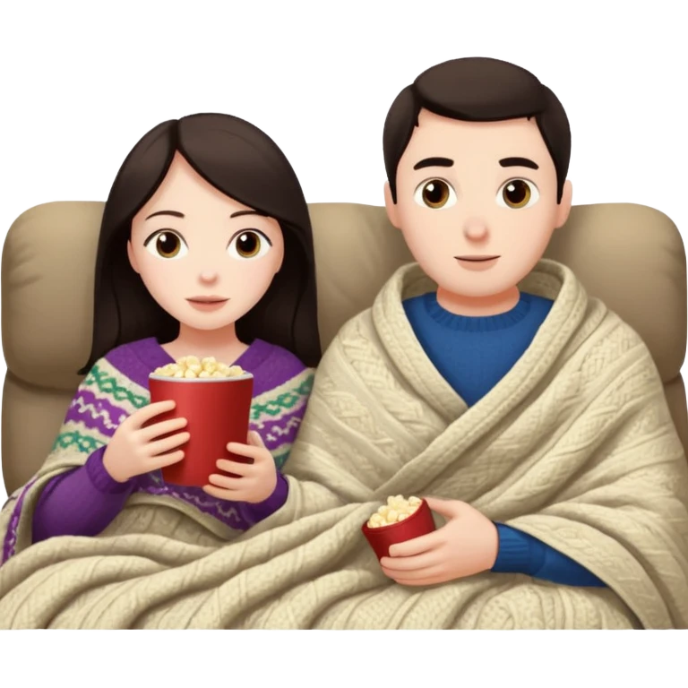 woman with dark hair with her husband at home near chimney watching movie under blanket cozy vibe emoji