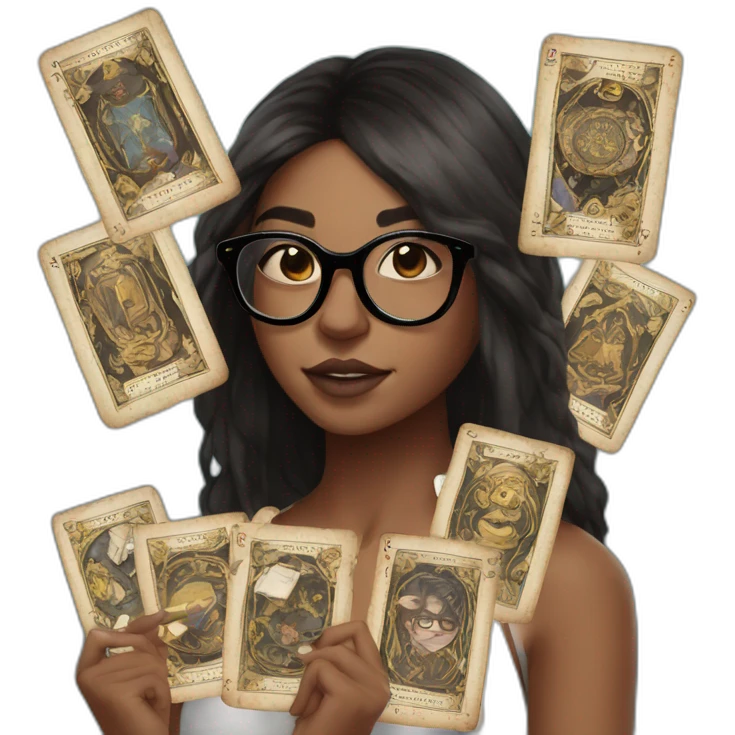 girl with bro2n straight hair and black round glasses with tarot cards in hands emoji