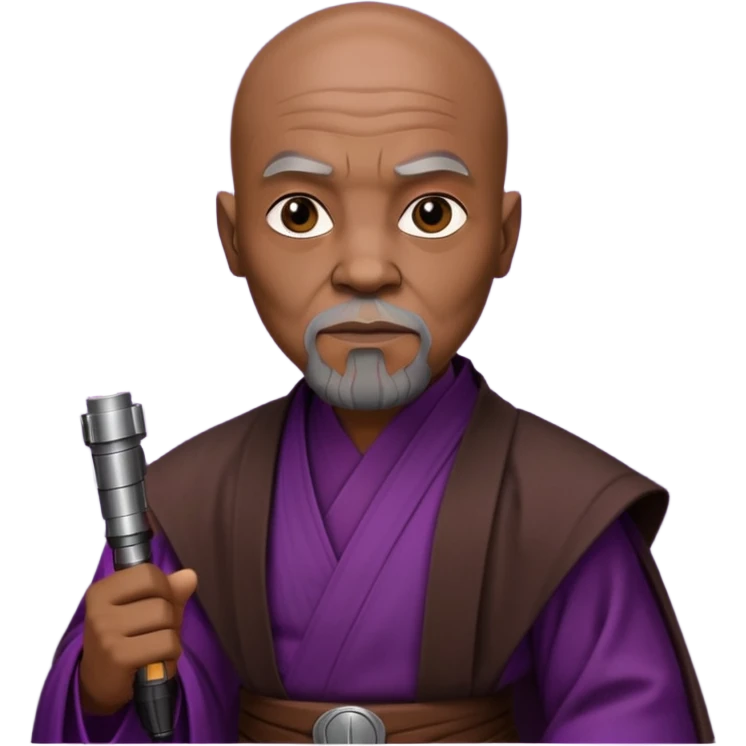 star wars master windu bald head, no facial hair, brown jedi outfit with purple lightsaber emoji