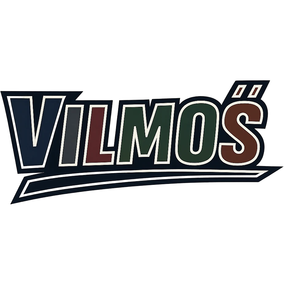 The name 'Vilmos' in a masculine, modern, gradient font with precise Hungarian characters, dark contour, extra wide and prominent white letter border as in sample images, dynamic slanted underline, masculine color shades including blue, gray, burgundy, green, and brown, 1000x1000 px, PNG, transparent background. emoji