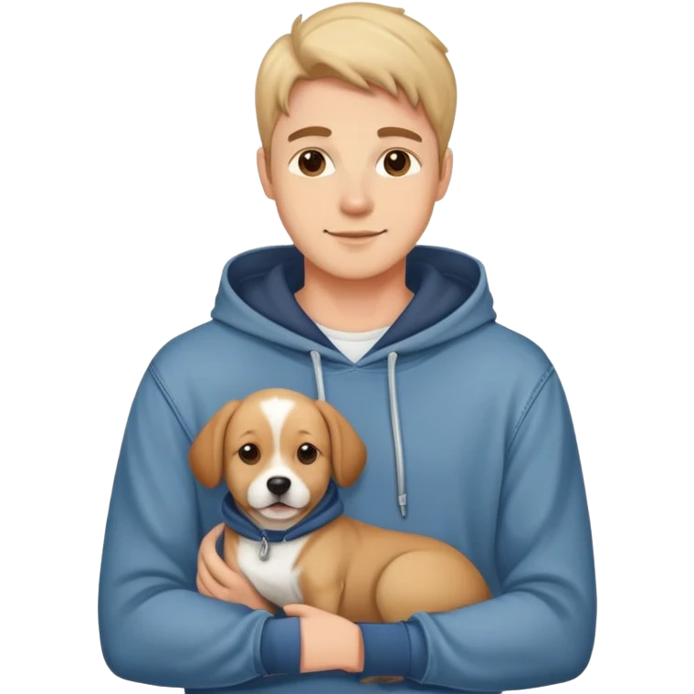 pretty handsome dog lover boyfriend with soft smile, wearing hoodie and jeans, one dog   emoji