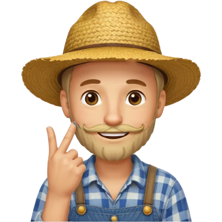 “A single emoji-style character combining 👨‍🌾😄 and 🤔: a smiling farmer man with a straw hat, friendly face, and light beard, holding one hand under his chin in a thinking gesture. His index finger rests under his face, eyes looking slightly upward as if thinking.  emoji