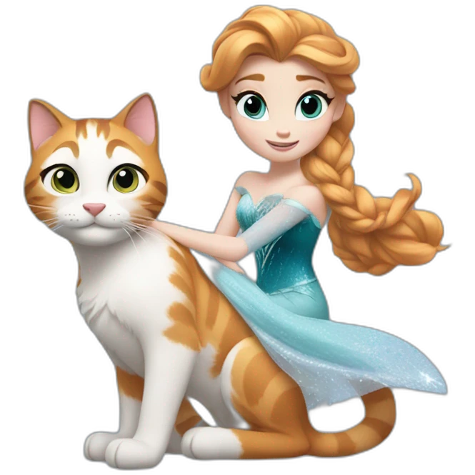 Elsa riding a ginger cat in a Disney Elsa dress  emoji