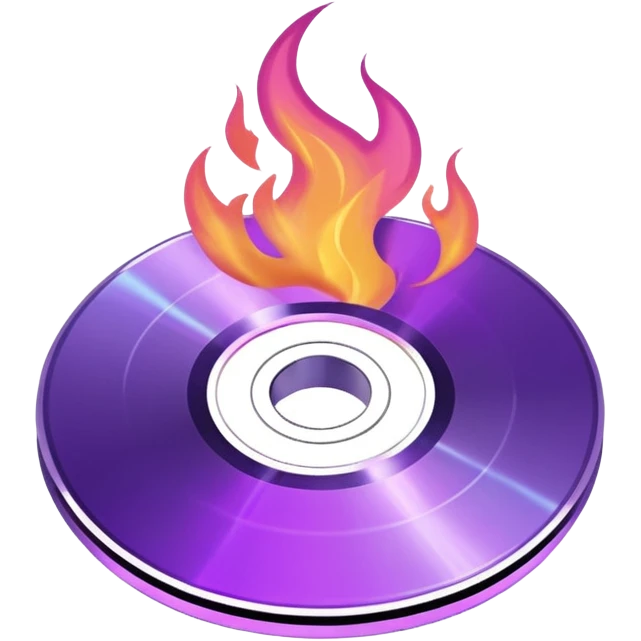 A minimalist CD disc with a subtle fire design, purple flames. emoji