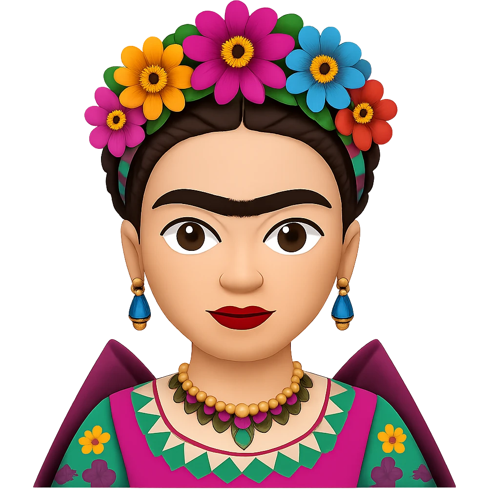 Add a more prominent unibrow to Frida Kahlo in the style of emoji. Keep the transparent background. emoji