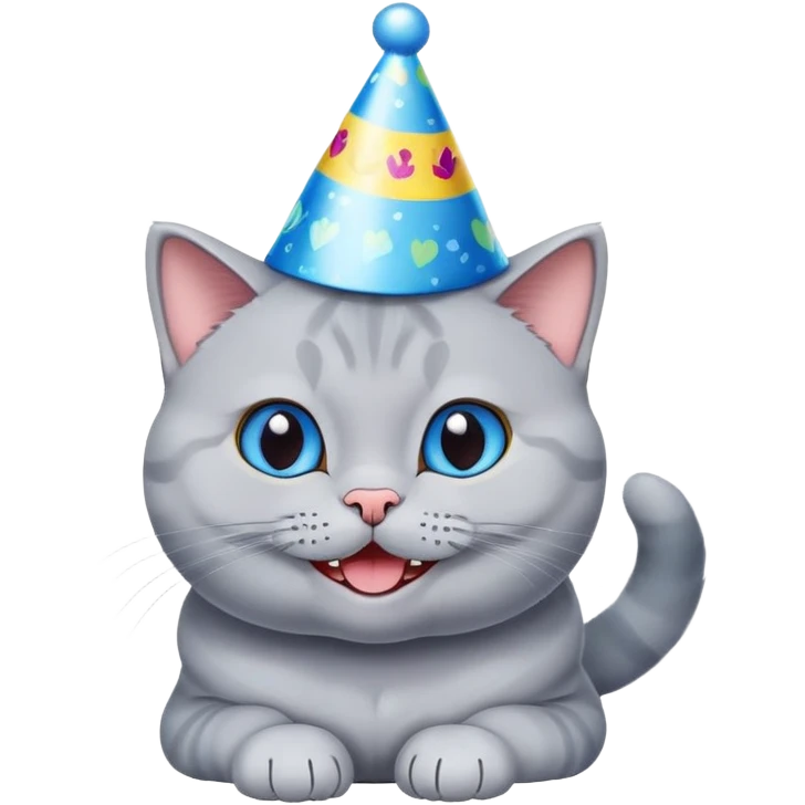 Happy British shorthair blue cat with a big smile wearing a colorful birthday hat emoji
