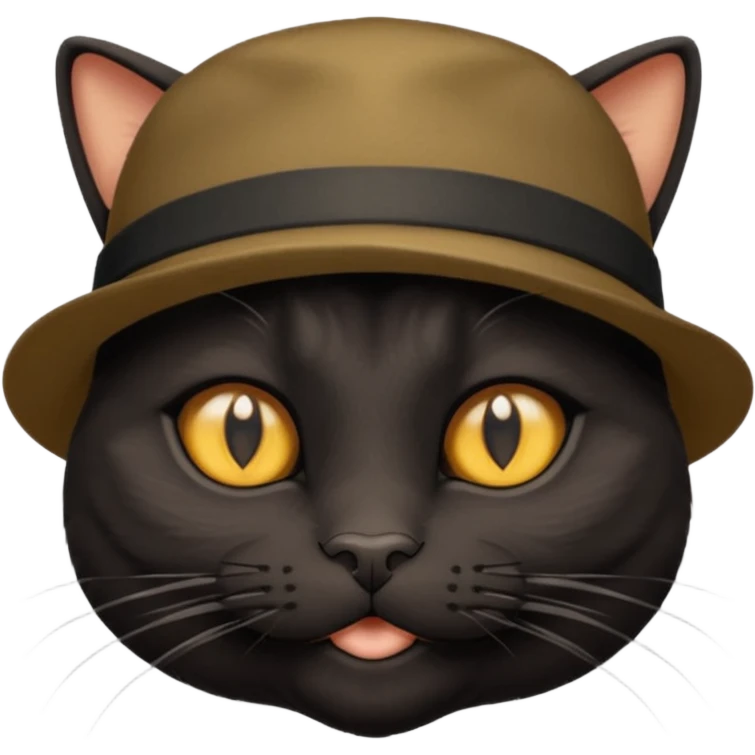 mostly black cat with some brown on face, gold eyes, british hat emoji
