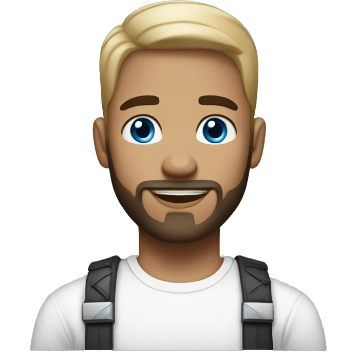 A guy with blue eyes, light skin, super short hair, a little beard on his chin, wearing a white T-shirt, a silver earring with a cross on one ear. emoji