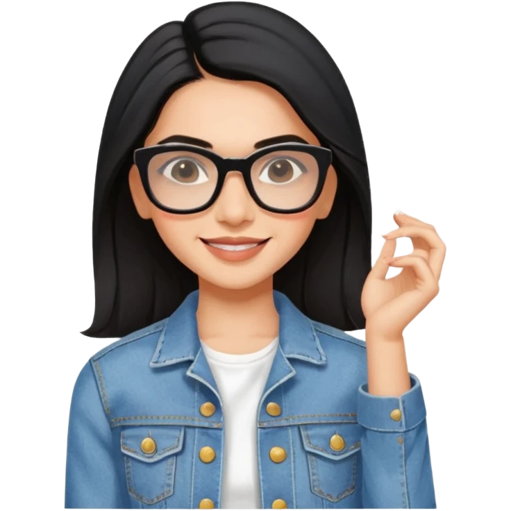 generate a pretty bratz emoji 
Make her wear a white dress with a denim jacket over it. black hair side part 

She should look exactly  like Deepika padukone. wearing rectangular spectacle, smiling emoji