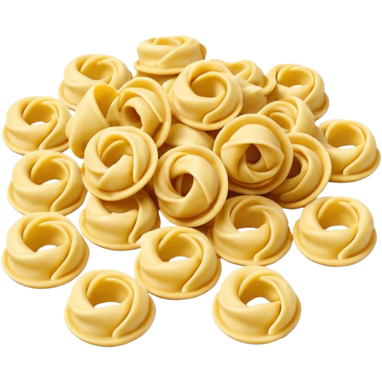 small ring-shaped tortellini pasta pieces, pale yellow color, smooth slightly flour-dusted surface, neatly folded with visible central pinch and curved edges, loose scatter or small cluster, no plate, sauce, or garnish, soft lighting, subtle shadows, emoji scale emoji