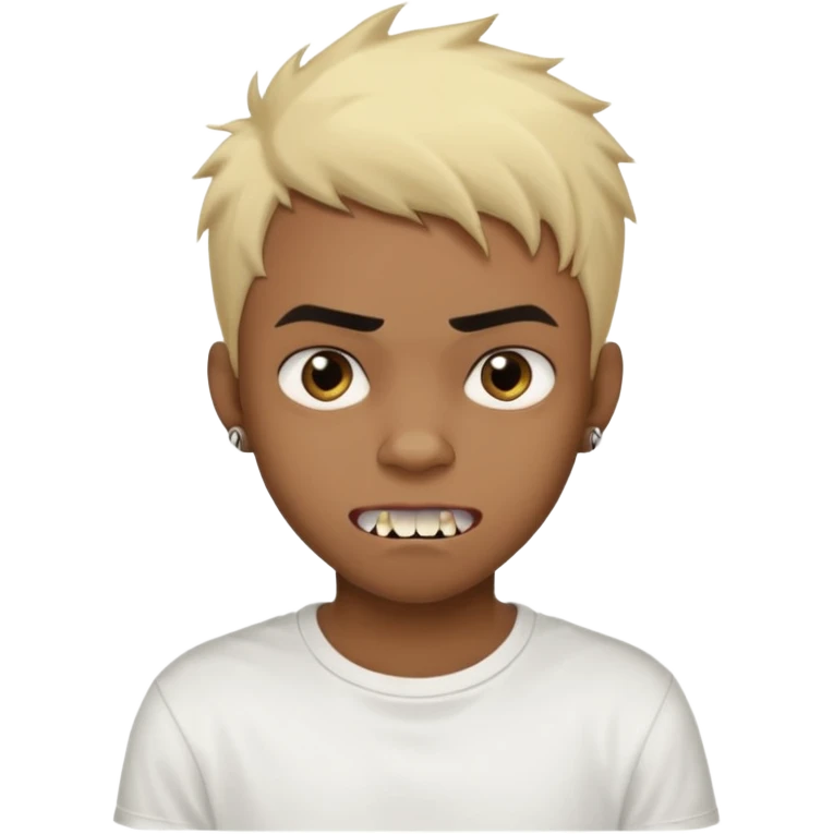 Black Male Teenager with Short punk messy blonde hair, Dark brown bushy eyebrows large expressive golden-brown eyes, wearing a plain white t-shirt, Dark Brown skin color. vampire tooth emoji