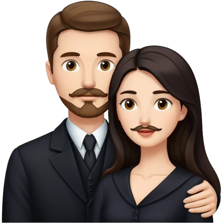 tall white man with brown hair goatee mustache embracing a pale woman with long black hair, wearing elegant clothing emoji