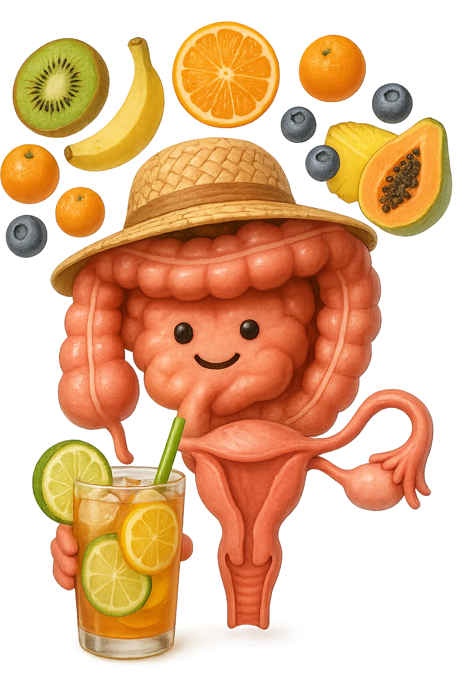 EMOJI STILE IPHONE DI INTESTINO E UTERO UMANI REALISTICI CON CAPPELLO DI PAGLIA DA SPIAGGIA CHE BEVE UN Tè FREDDO IN BICCHIERE DI VETRO CON DENTRO  fette di cetriolo, limone, lime, DIETRO L'INTESTINO FLUTTUANO PEZZETTI DI Kiwi
Banana acerba
Arance e mandarini
Mirtilli
Ananas
Papaya
IPERREALISTICO 4K emoji
