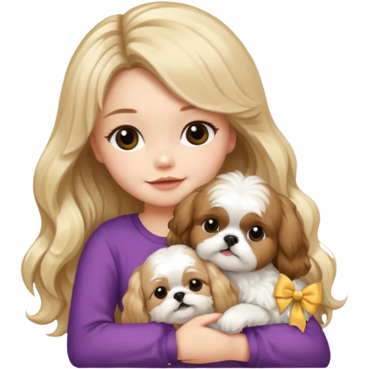 a girl with long, wavy brunette hair hugging a Shih Tzu with blonde fur and a cute bow emoji