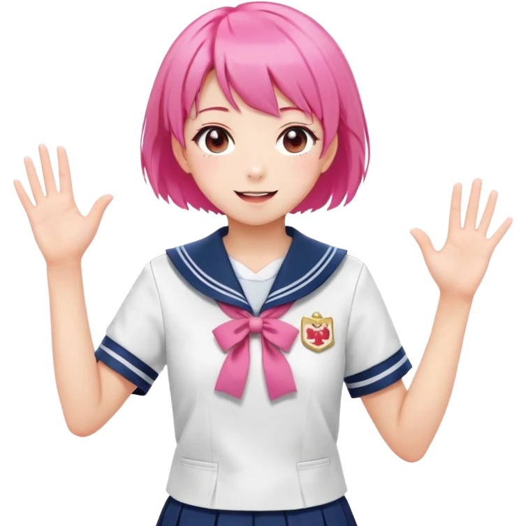 Anime girl with short bright pink hair wearing Japanese sailor style school uniform, composed posture with hand on hip but energetically waving with other hand, excited smile and happy eyes emoji