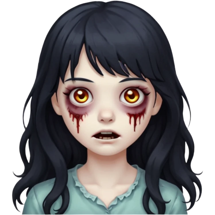 Zombie girl with long wavy black hair and bangs. emoji