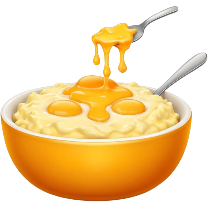 Scrambled eggs in a bowl with cheese on top emoji