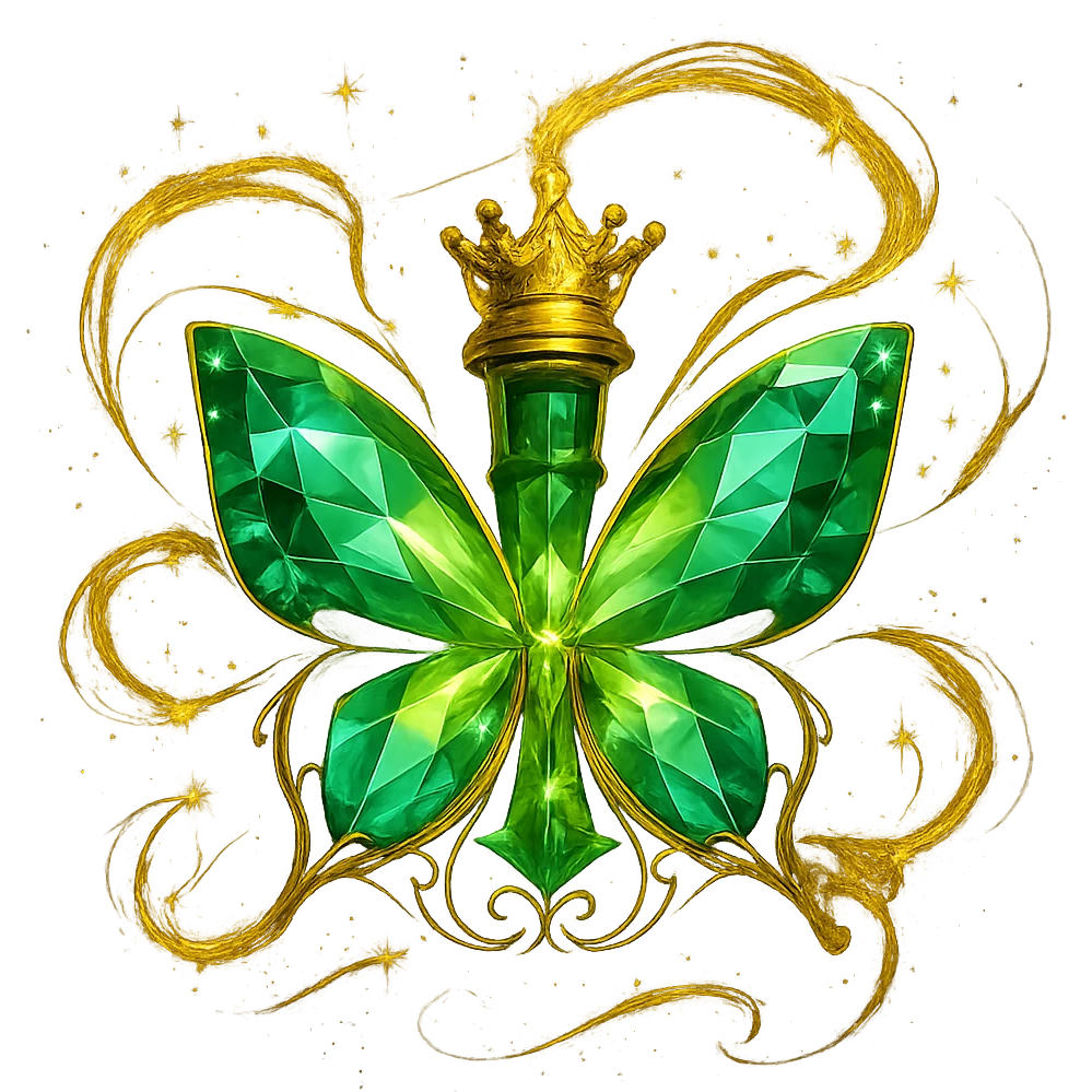 Enhance the butterfly with ultra-luxurious, swirling magical sparkles and glowing effects around it, inspired by the most magical and luxurious elixir bottle effects. Do not alter the butterfly itself, only add more magical, luxurious energy and sparkles around it. Transparent background, no shadow or base. emoji