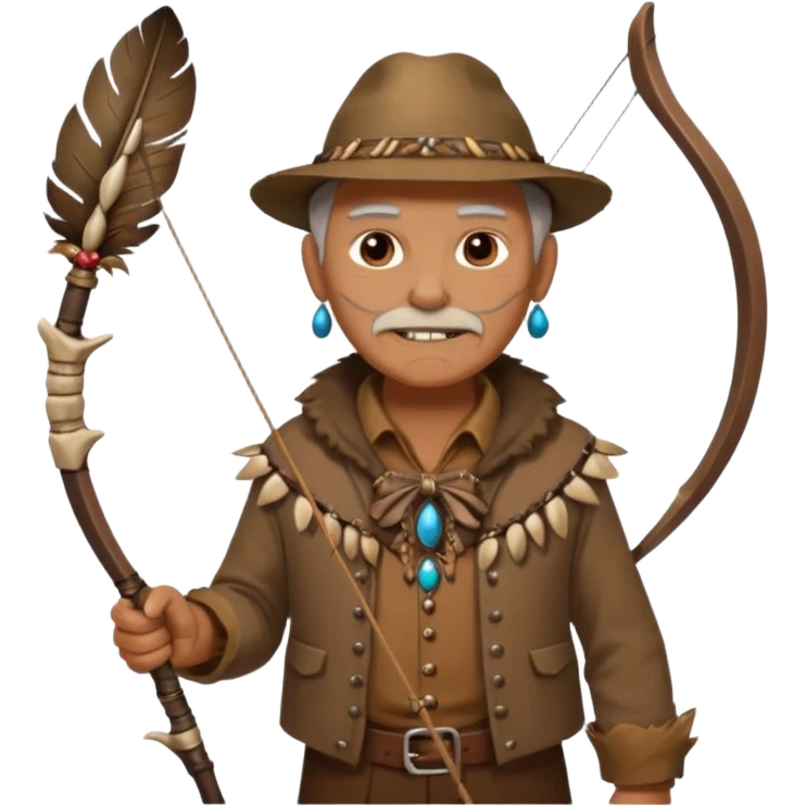 The classic image of a middle-aged uncle hunter carrying a bow, dressed in brown clothes, with some ornaments made of feathers, bones or teeth on his body. emoji