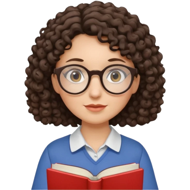 female English teacher with glasses and wearing a shirt, holding an English book. I have dark brown a little curly hair. My glasses are rather round than square shape. emoji