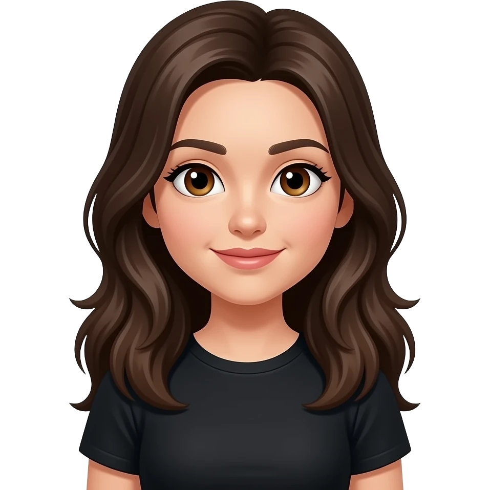 bright brown eyes, long dark brown hair with layers, black T-shirt emoji