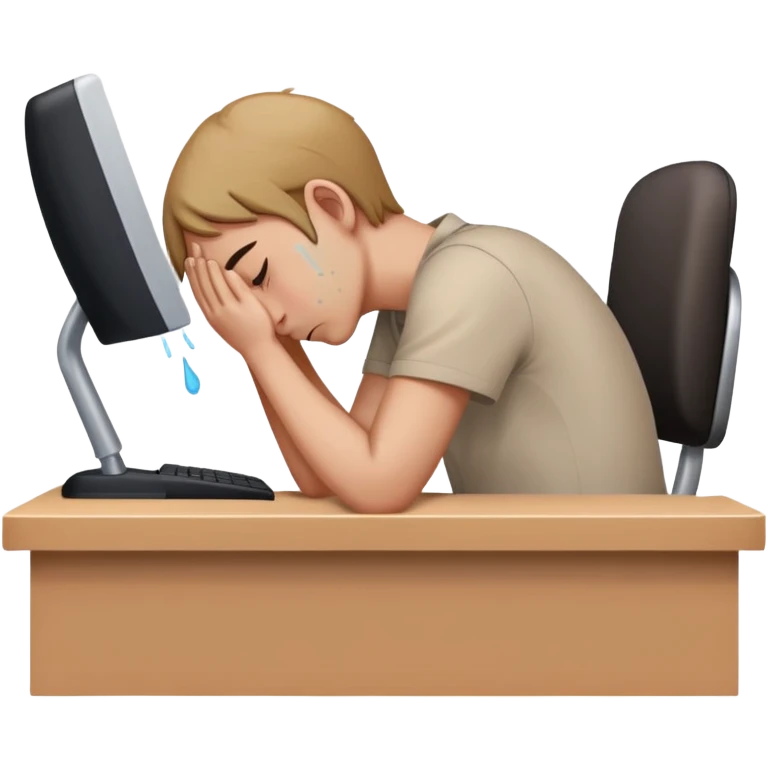 person sitting at a desk crying, head down emoji