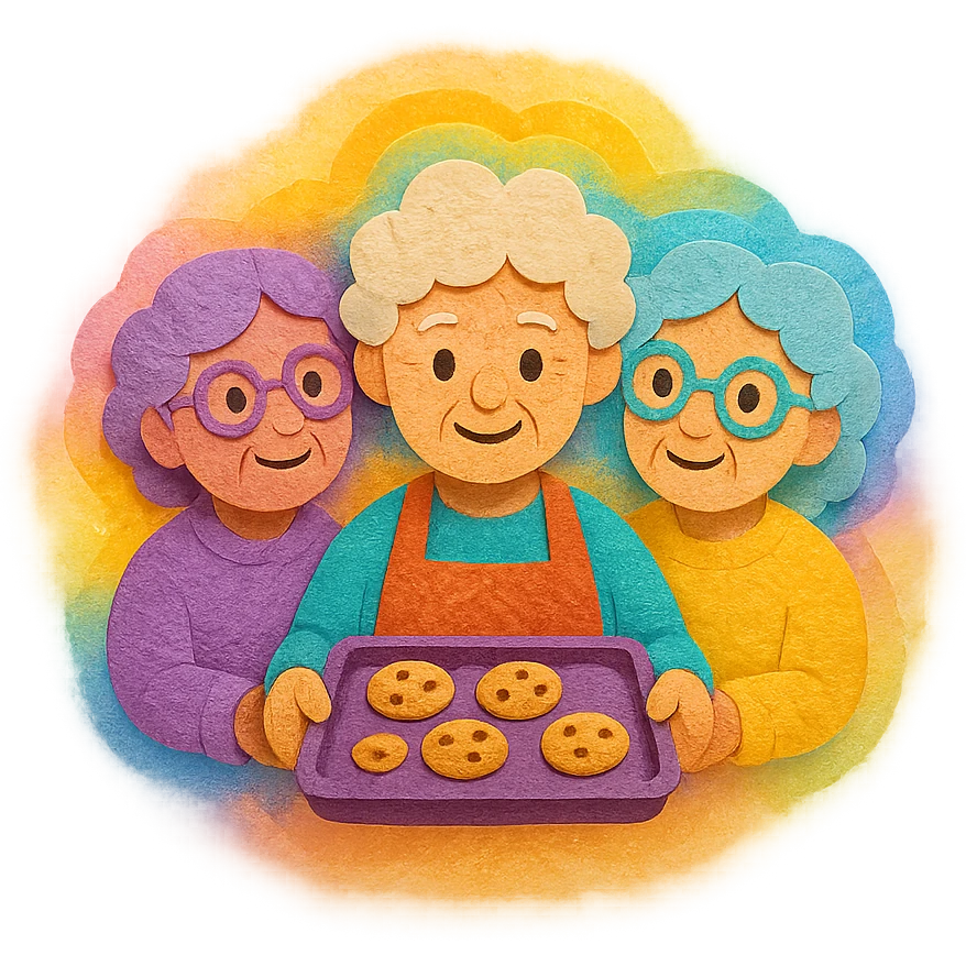 Portrait of multiple grandmas from different dimensions baking cookies together, overlapping realities, epic glowing aura, surreal cosmic kitchen, emoji-style emoji