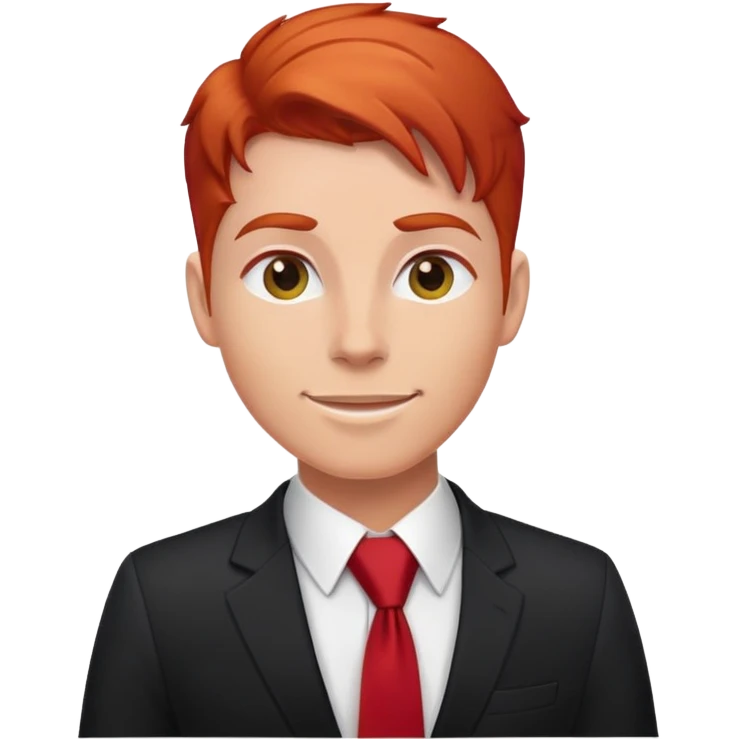 Confident, redheaded, hot, happy project manager, wearing a black suit and tie that’s red emoji