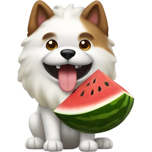 javanese dog with white and brown fur holding a watermelon slide emoji