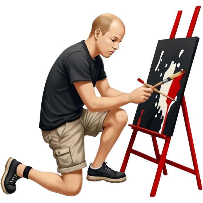 Jackson pollock the abstract artist leaning over to flick black white and red paint from a brush onto a canvas at his feet emoji