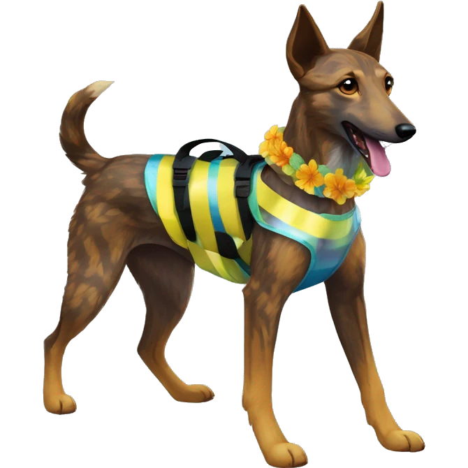  brindle brown black maroon striped lurcher Alsatian fox running blue eyes and iridescent holographic oilslick harness wearing paper iridescent tropical flower crown yellow caution tape emoji