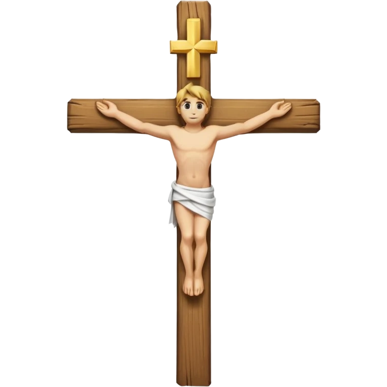 Cross made of wood, the top of the tip of the cross, a golden cross, and a white cloth hanging over the two arms of the cross emoji