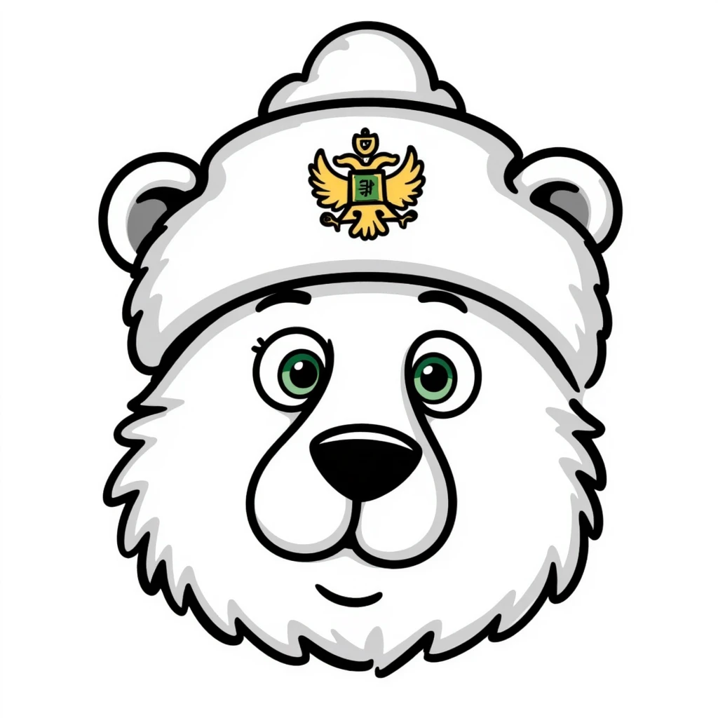 Cute grizzly bear face with green eyes, wearing a white fur hat with golden Russian coat of arms in the middle emoji