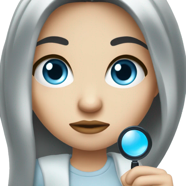 white Girl with black hair and blue eyes with magnifying glass with suspicious look emoji