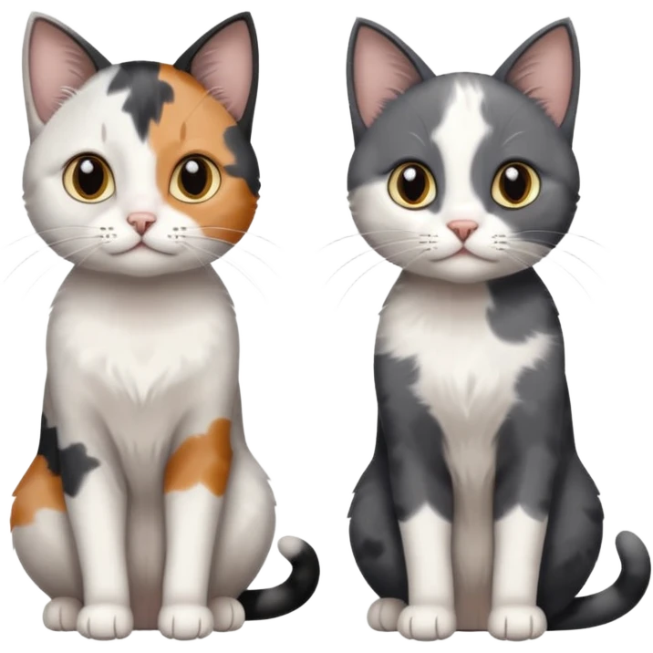 3 different coloured small cats including a dark grey and white, and a patchy calico and a completely solid dark grey with only white paws emoji