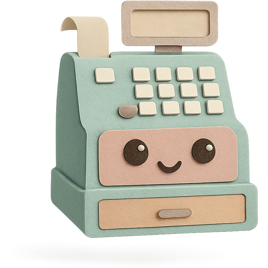 vintage cash register, full body, cute eyes, soft pastel tones emoji