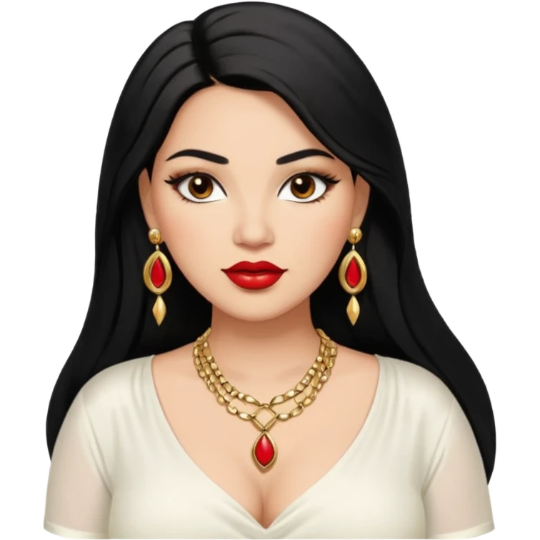 Mexican Light skin big brown eyes glamorous full figured women black medium straight hair red lips necklace and earrings long lashes white shirt  emoji
