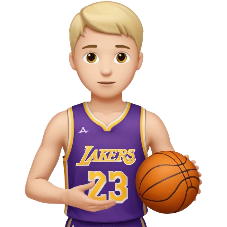 Joven con color de piel claro con uniforme de basquetball laker sosteniendo una pelota de basquet emoji