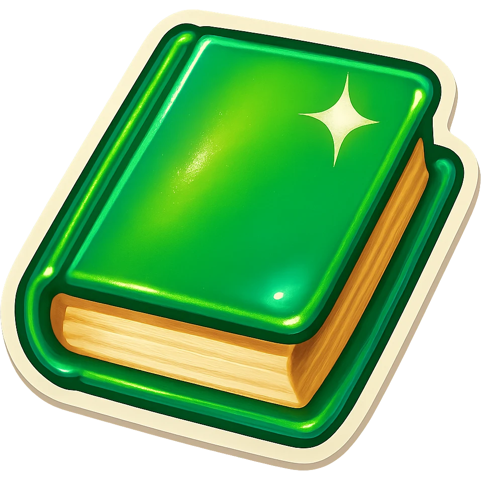 A green book in retro stickers style, with a vintage design and bright colors emoji