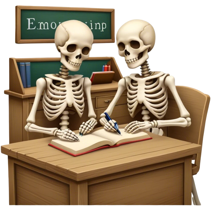 two skeletons sitting on the desk and writing something in their books emoji