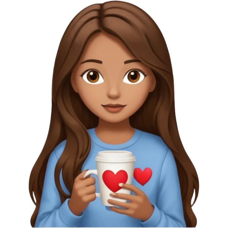 Un emoji de una chica con el pelo castaño y largo y suelto así como vestida como una that Girl y un café con dibujo de corazón y una cama aesthetic modo vida perfecta emoji
