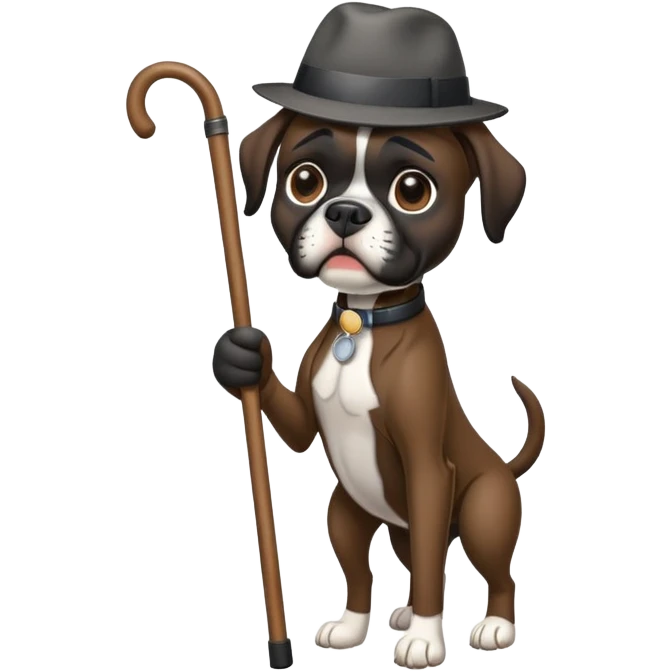 Elderly black boxer dog standing on hind leg using a cane emoji