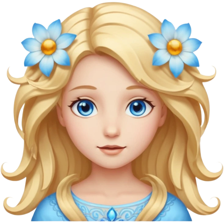 Chica abriéndosele el pelo como una flor, con cara de ángel radiante, ojos azules emoji