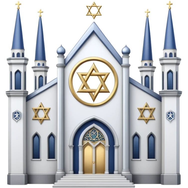 reform jewish synagogue similar in architecture to historical religious architecture in europe. the building should be white with silver/golden features, gothic architectural elements and star of david. no crosses. the emoji should be in ios emoji style. emoji