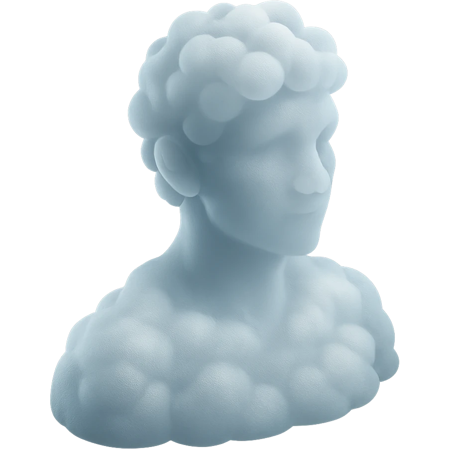 person looking straight, composed entirely of white fluffy convex clouds, shoulder up, matte glass style emoji