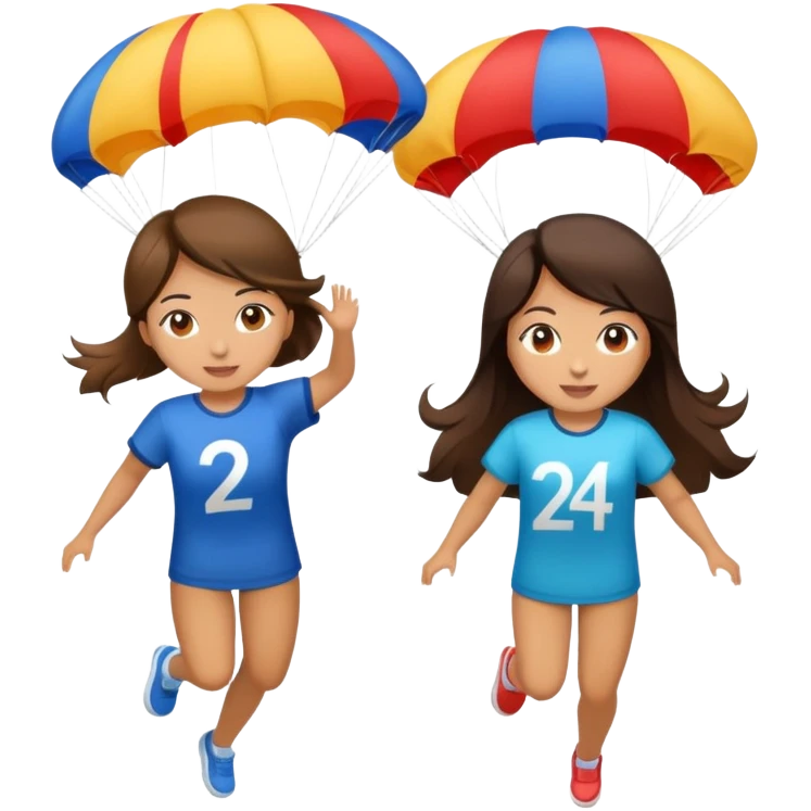 Two brunette girls with parachutes with 24 on shirts emoji